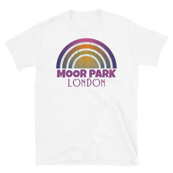 Retrowave and Vaporwave 80s style graphic vintage sunset design tee depicting the London neighbourhood of Moor Park on this white cotton t-shirt