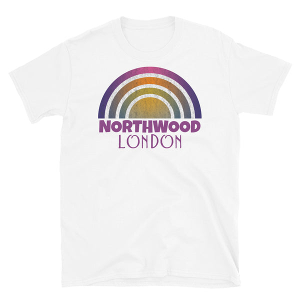 Retrowave and Vaporwave 80s style graphic vintage sunset design tee depicting the London neighbourhood of Northwood on this white cotton t-shirt