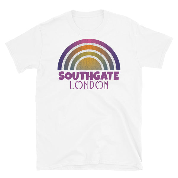 Retrowave and Vaporwave 80s style graphic vintage sunset design tee depicting the London neighbourhood of Southgate on this white cotton t-shirt