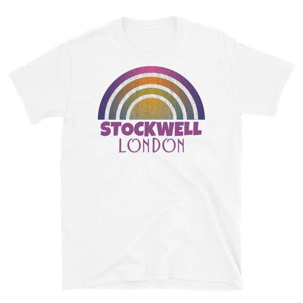 Retrowave and Vaporwave 80s style graphic vintage sunset design tee depicting the London neighbourhood of Stockwell on this white cotton t-shirt