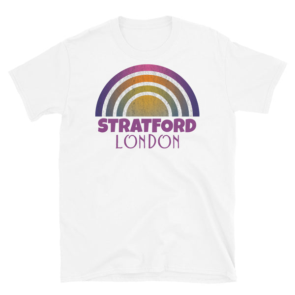Retrowave and Vaporwave 80s style graphic vintage sunset design tee depicting the London neighbourhood of Stratford on this white cotton t-shirt