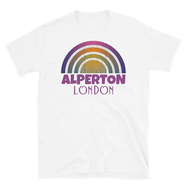 Retrowave and Vaporwave 80s style graphic vintage sunset design tee depicting the London neighbourhood of Alperton on this white cotton t-shirt
