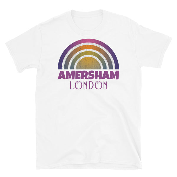 Retrowave and Vaporwave 80s style graphic vintage sunset design tee depicting the London neighbourhood of Amersham on this white cotton t-shirt