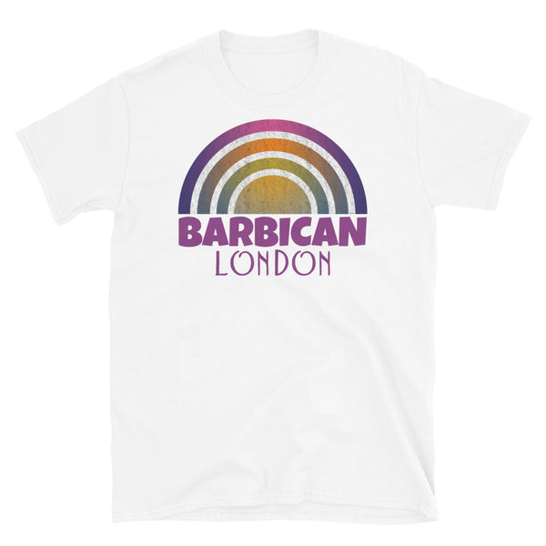 Retrowave and Vaporwave 80s style graphic vintage sunset design tee depicting the London neighbourhood of Barbican on this white cotton t-shirt