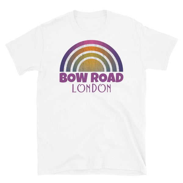 Retrowave and Vaporwave 80s style graphic vintage sunset design tee depicting the London neighbourhood of Bow Road on this white cotton t-shirt