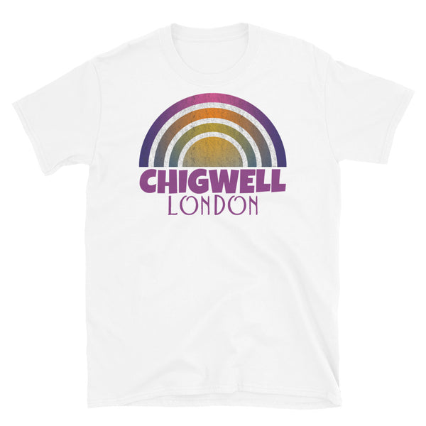 Retrowave and Vaporwave 80s style graphic vintage sunset design tee depicting the London neighbourhood of Chigwell on this white cotton t-shirt