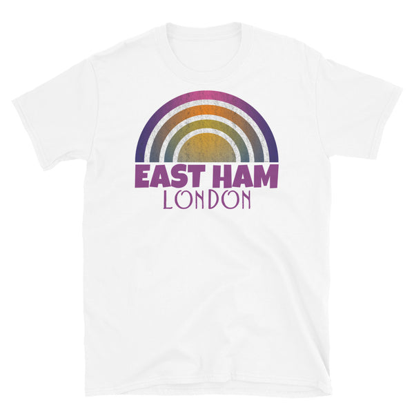 Retrowave and Vaporwave 80s style graphic vintage sunset design tee depicting the London neighbourhood of East Ham on this white cotton t-shirt