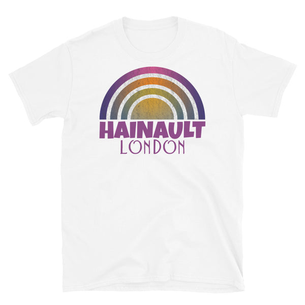 Retrowave and Vaporwave 80s style graphic vintage sunset design tee depicting the London neighbourhood of Hainault on this white souvenir cotton t-shirt