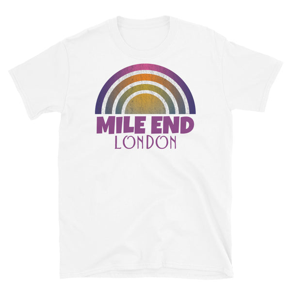 Retrowave and Vaporwave 80s style graphic vintage sunset design tee depicting the London neighbourhood of Mile End on this white souvenir cotton t-shirt