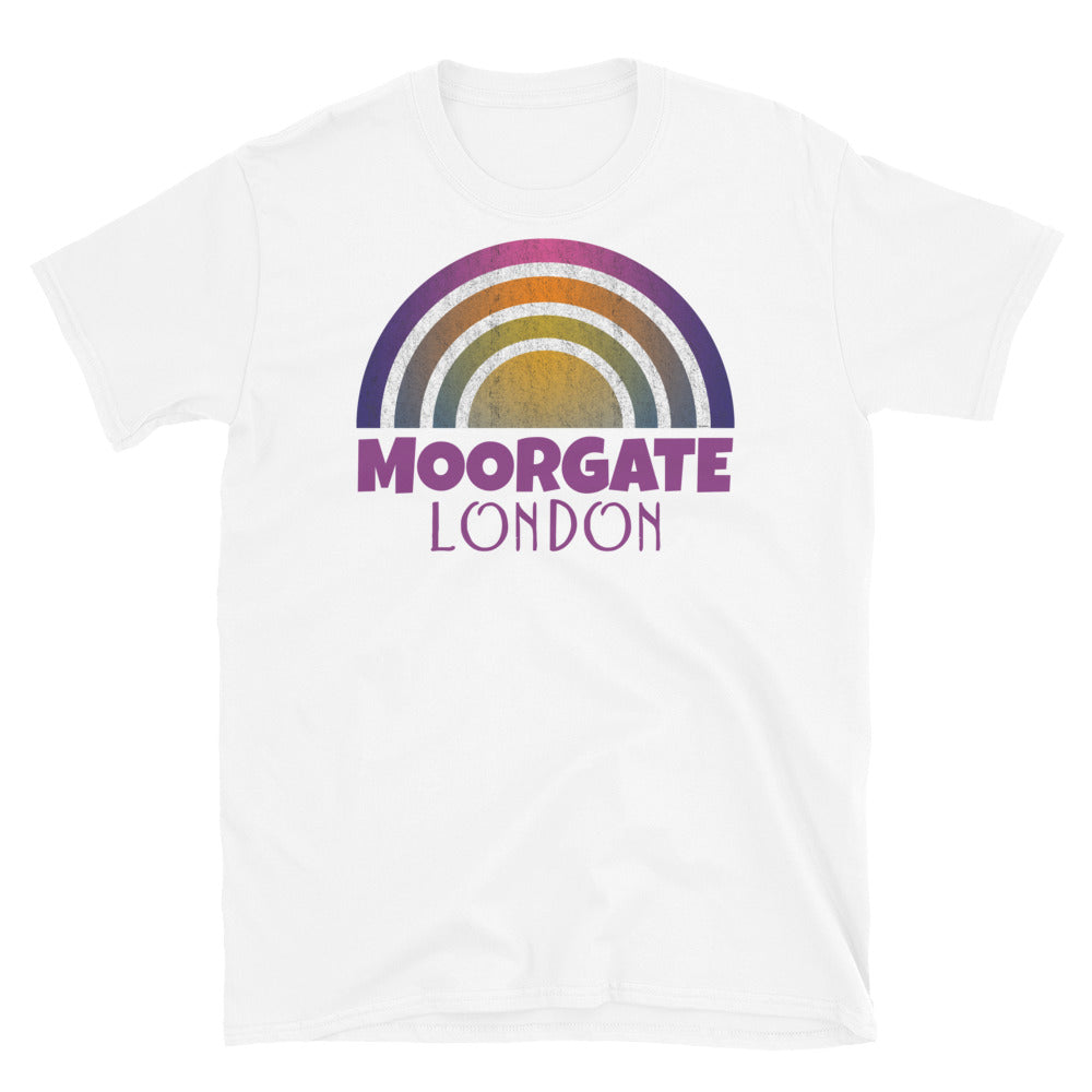 Retrowave and Vaporwave 80s style graphic vintage sunset design tee depicting the London neighbourhood of Moorgate on this white souvenir cotton t-shirt