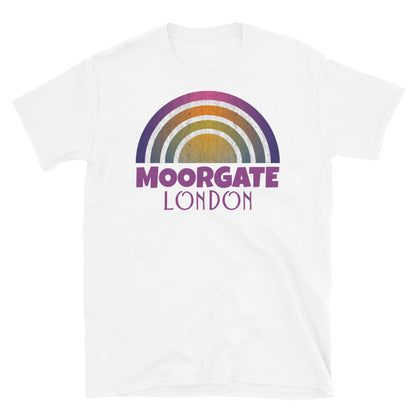 Retrowave and Vaporwave 80s style graphic vintage sunset design tee depicting the London neighbourhood of Moorgate on this white souvenir cotton t-shirt