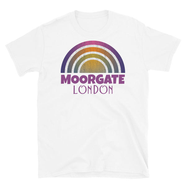 Retrowave and Vaporwave 80s style graphic vintage sunset design tee depicting the London neighbourhood of Moorgate on this white souvenir cotton t-shirt