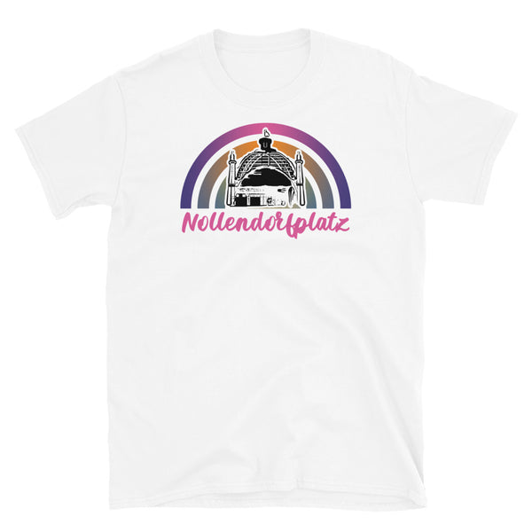 Cartoon outline of the U-Bahn station dome overlaying our concentric sunset graphic design in pinks, orange and purple with the word Nollendoftplatz written beneath in pink cursive font on this white cotton graphic t-shirt by BillingtonPix