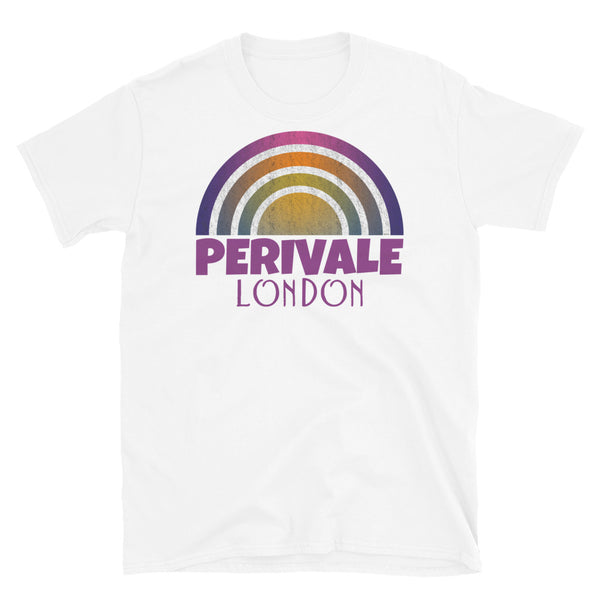Retrowave and Vaporwave 80s style graphic vintage sunset design tee depicting the London neighbourhood of Perivale on this white souvenir cotton t-shirt