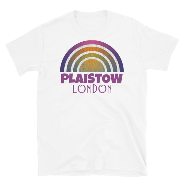 Retrowave and Vaporwave 80s style graphic gritty vintage sunset design tee depicting the London neighbourhood of Plaistow on this white grey souvenir cotton t-shirt
