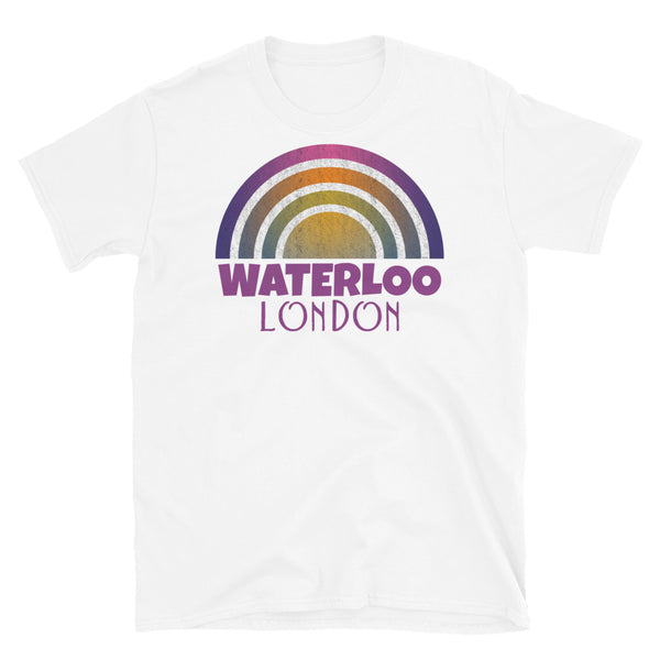 Retrowave and Vaporwave 80s style graphic gritty vintage sunset design tee depicting the London neighbourhood of Waterloo on this white souvenir cotton t-shirt