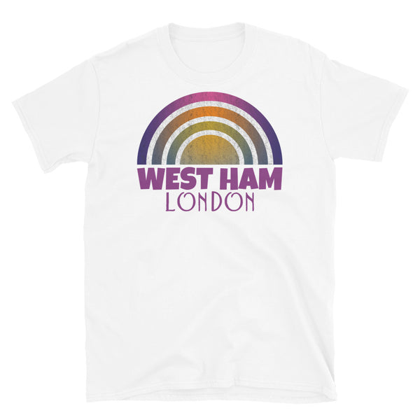 Retrowave and Vaporwave 80s style graphic gritty vintage sunset design tee depicting the London neighbourhood of West Ham on this white souvenir cotton t-shirt