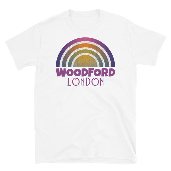 Retrowave and Vaporwave 80s style graphic gritty vintage sunset design tee depicting the London neighbourhood of Woodford on this white souvenir cotton t-shirt