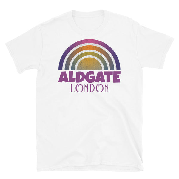 Retrowave and Vaporwave 80s style graphic gritty vintage sunset design tee depicting the London neighbourhood of Aldgate on this white souvenir cotton t-shirt