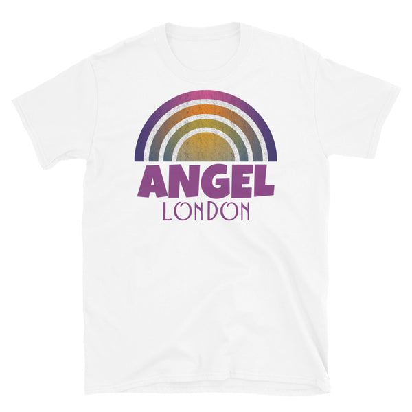 Retrowave and Vaporwave 80s style graphic gritty vintage sunset design tee depicting the London neighbourhood of Angel on this white souvenir cotton t-shirt