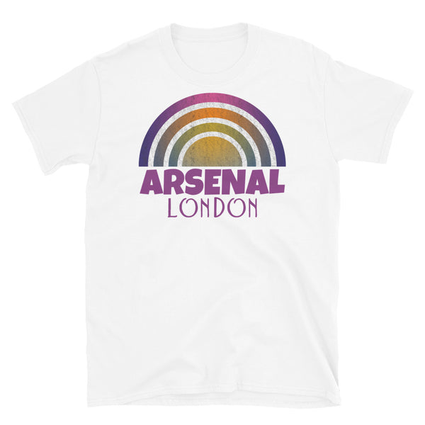Retrowave and Vaporwave 80s style graphic gritty vintage sunset design tee depicting the London neighbourhood of Arsenal on this white souvenir cotton t-shirt