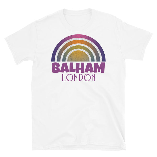 Retrowave and Vaporwave 80s style graphic gritty vintage sunset design tee depicting the London neighbourhood of Balham on this white souvenir cotton t-shirt
