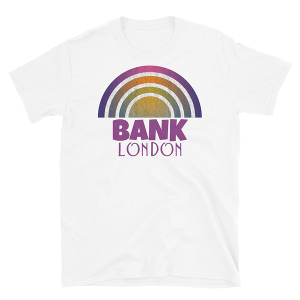 Retrowave and Vaporwave 80s style graphic gritty vintage sunset design tee depicting the London neighbourhood of Bank on this white souvenir cotton t-shirt