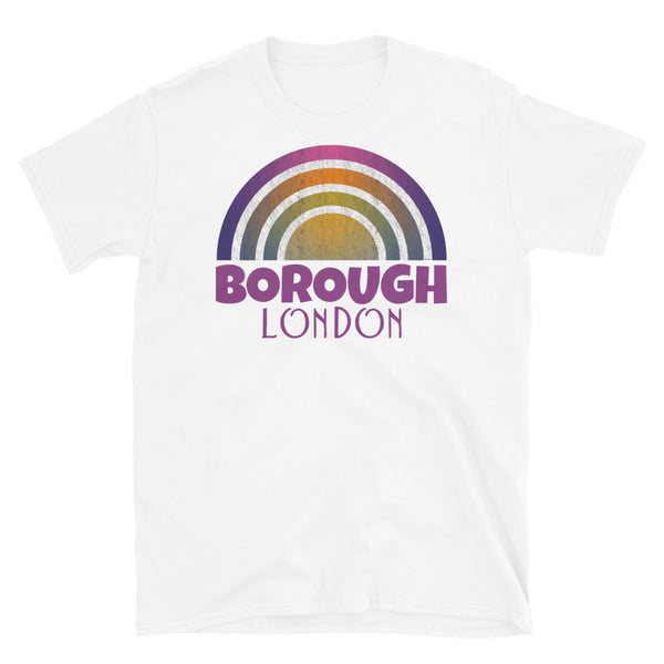 Retrowave and Vaporwave 80s style graphic gritty vintage sunset design tee depicting the London neighbourhood of Borough on this white souvenir cotton t-shirt