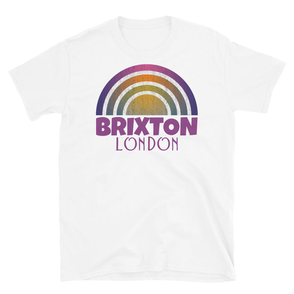 Retrowave and Vaporwave 80s style graphic gritty vintage sunset design tee depicting the London neighbourhood of Brixton on this white souvenir cotton t-shirt