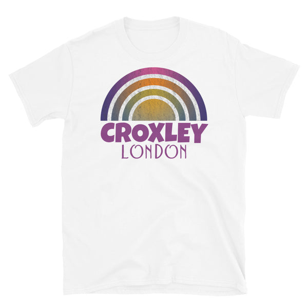 Retrowave and Vaporwave 80s style graphic gritty vintage sunset design tee depicting the London neighbourhood of Croxley on this white souvenir cotton t-shirt