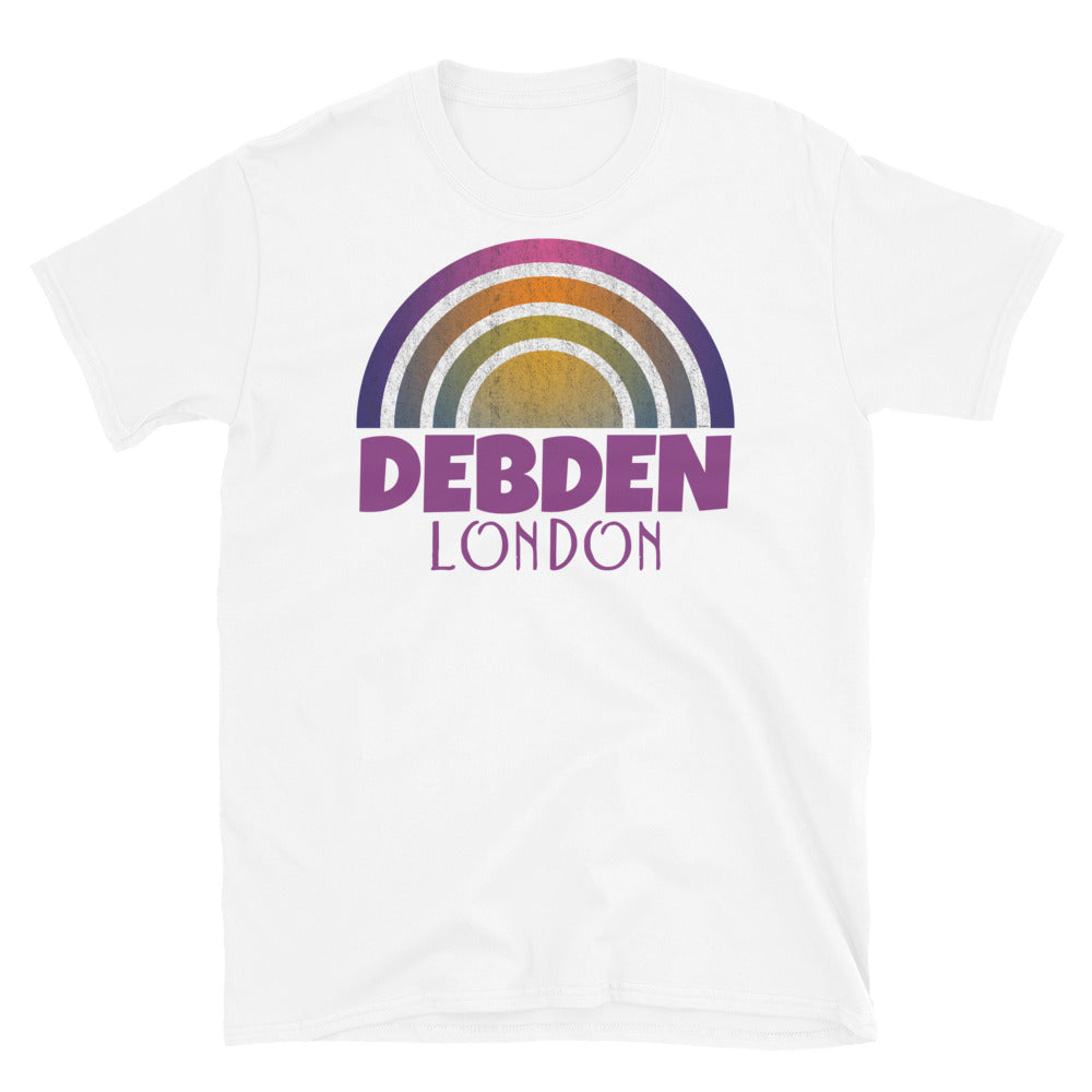 Retrowave and Vaporwave 80s style graphic gritty vintage sunset design tee depicting the London neighbourhood of Debden on this white souvenir cotton t-shirt