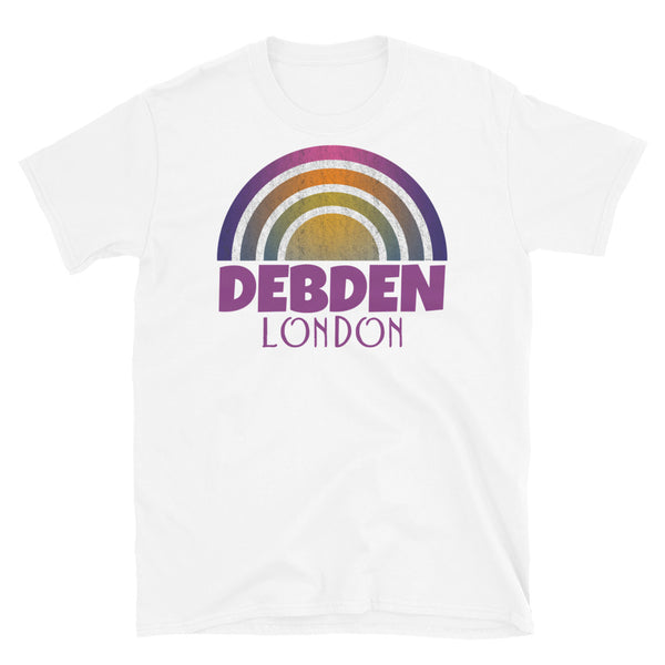 Retrowave and Vaporwave 80s style graphic gritty vintage sunset design tee depicting the London neighbourhood of Debden on this white souvenir cotton t-shirt