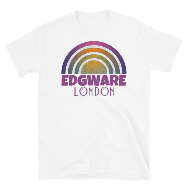 Retrowave and Vaporwave 80s style graphic gritty vintage sunset design tee depicting the London neighbourhood of Edgware on this white souvenir cotton t-shirt