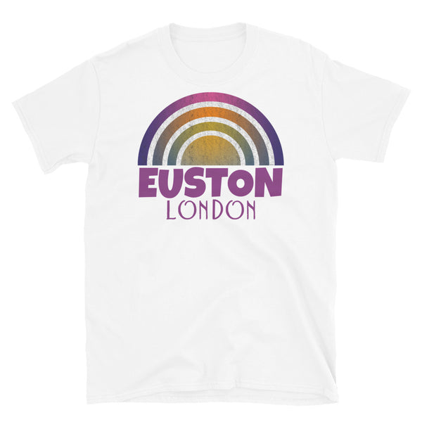Retrowave and Vaporwave 80s style graphic gritty vintage sunset design tee depicting the London neighbourhood of Euston on this white souvenir cotton t-shirt