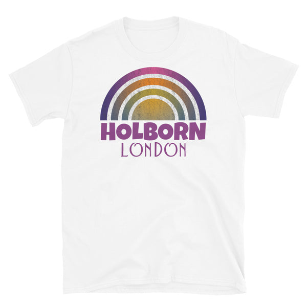 Retrowave and Vaporwave 80s style graphic gritty vintage sunset design tee depicting the London neighbourhood of Holborn on this white souvenir cotton t-shirt