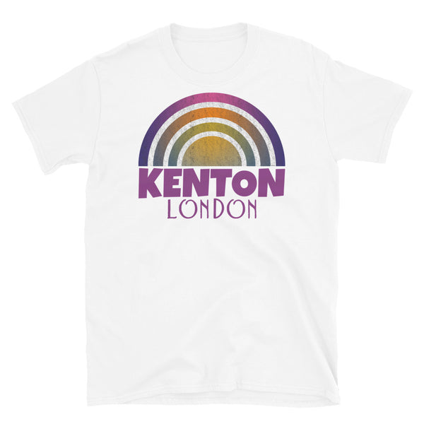 Retrowave and Vaporwave 80s style graphic gritty vintage sunset design tee depicting the London neighbourhood of Kenton on this white souvenir cotton t-shirt