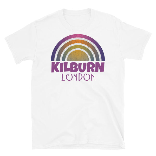 Retrowave and Vaporwave 80s style graphic gritty vintage sunset design tee depicting the London neighbourhood of Kilburn on this white souvenir cotton t-shirt