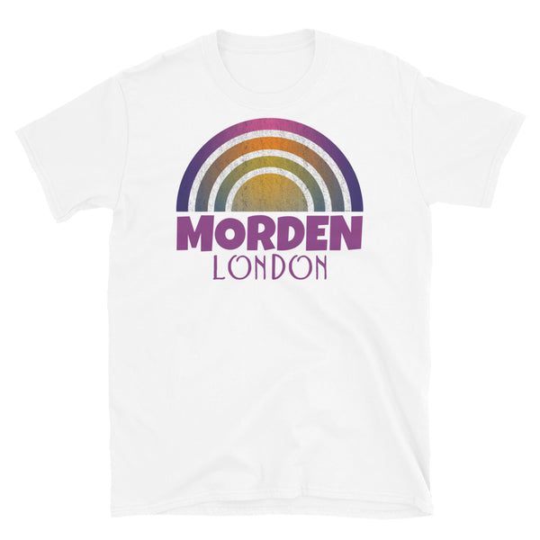 Retrowave and Vaporwave 80s style graphic gritty vintage sunset design tee depicting the London neighbourhood of Morden on this white souvenir cotton t-shirt