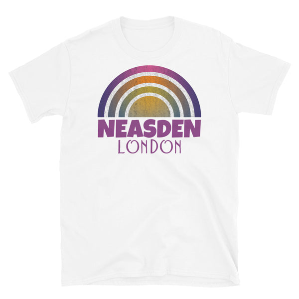 Retrowave and Vaporwave 80s style graphic gritty vintage sunset design tee depicting the London neighbourhood of Neasden on this white souvenir cotton t-shirt
