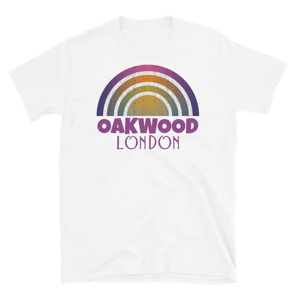 Retrowave and Vaporwave 80s style graphic gritty vintage sunset design tee depicting the London neighbourhood of Oakwood on this white souvenir cotton t-shirt