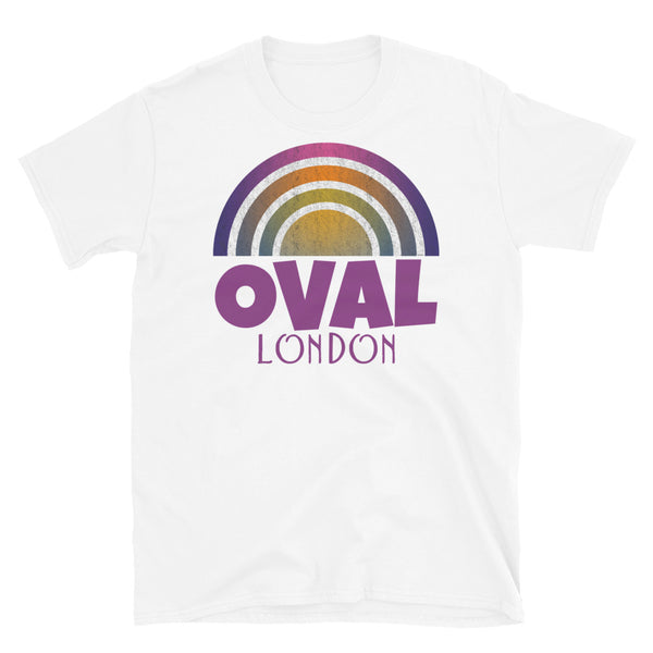 Retrowave and Vaporwave 80s style graphic gritty vintage sunset design tee depicting the London neighbourhood of Oval on this white souvenir cotton t-shirt