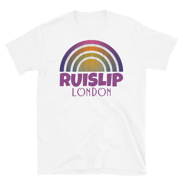 Retrowave and Vaporwave 80s style graphic gritty vintage sunset design tee depicting the London neighbourhood of Ruislip on this white souvenir cotton t-shirt