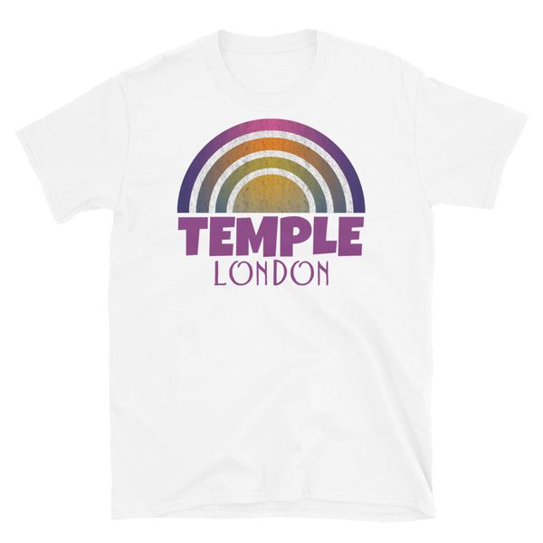 Retrowave and Vaporwave 80s style graphic gritty vintage sunset design tee depicting the London neighbourhood of Temple on this white souvenir cotton t-shirt