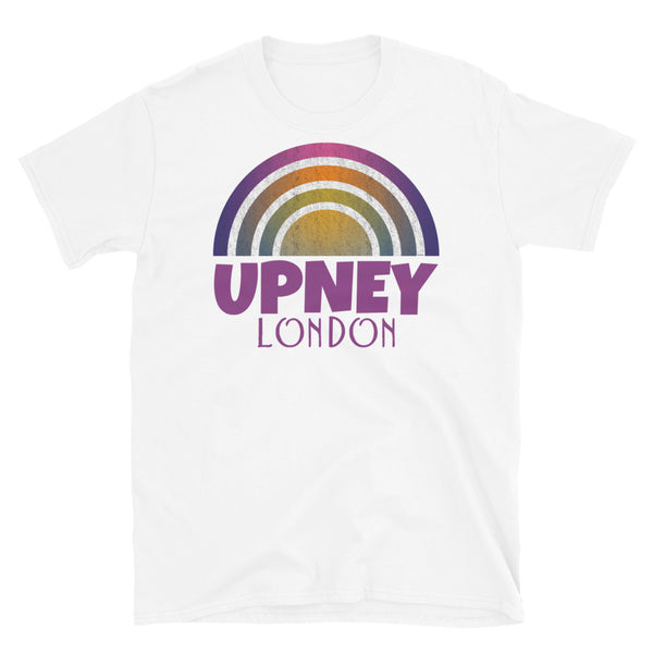 Retrowave and Vaporwave 80s style graphic gritty vintage sunset design tee depicting the London neighbourhood of Upney on this white souvenir cotton t-shirt