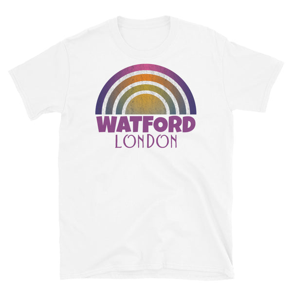 Retrowave and Vaporwave 80s style graphic gritty vintage sunset design tee depicting the London neighbourhood of Watford on this white souvenir cotton t-shirt