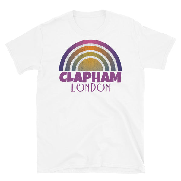 Retrowave and Vaporwave 80s style graphic gritty vintage sunset design tee depicting the London neighbourhood of Clapham on this white souvenir cotton t-shirt