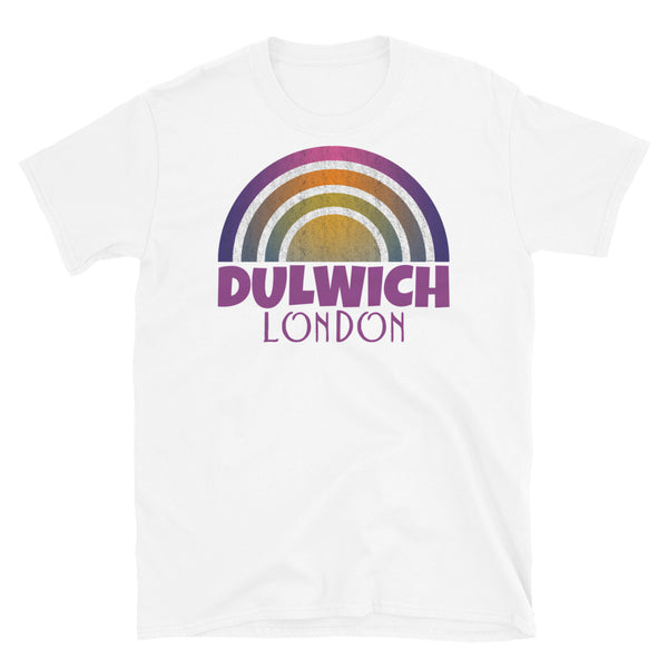 Retrowave and Vaporwave 80s style graphic gritty vintage sunset design tee depicting the London neighbourhood of Dulwich on this white souvenir cotton t-shirt