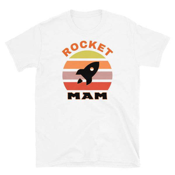 Rocket Mam funny graphic t-shirt with a black rocket outline against a vintage sunset graphic design in yellow, orange, pink and scarlet on this white cotton t-shirt by BillingtonPix