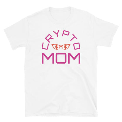 Crypto Mom funny graphic meme t-shirt with the words Crypto Mom in pink font and a pair of orange female glasses containing dollar or $ signs on this white cotton short sleeved t-shirt by BillingtonPix