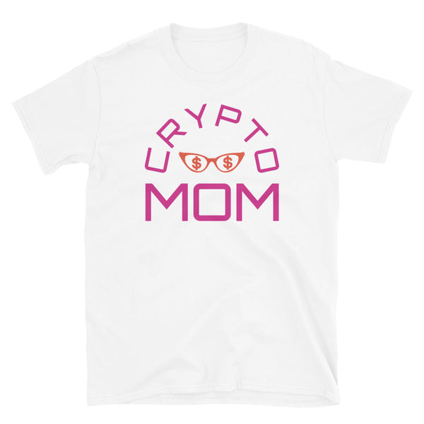 Crypto Mom funny graphic meme t-shirt with the words Crypto Mom in pink font and a pair of orange female glasses containing dollar or $ signs on this white cotton short sleeved t-shirt by BillingtonPix